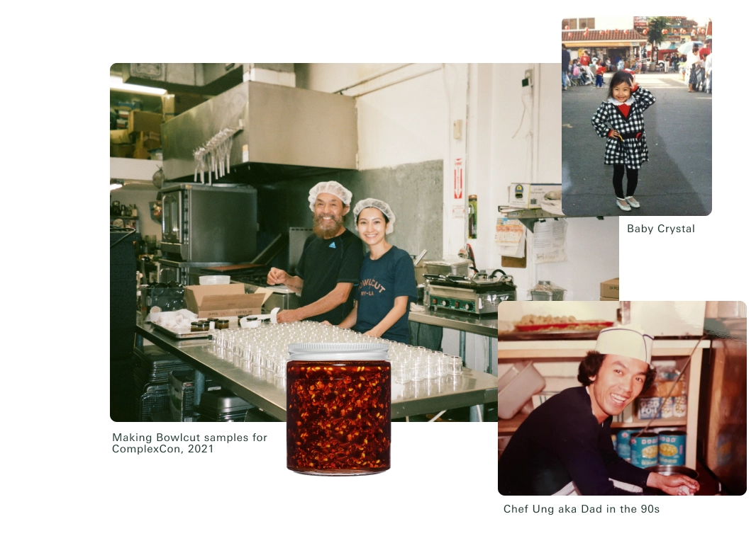 Collage of family photos from the Chinese restaurant kitchen, with a jar of chili sauce